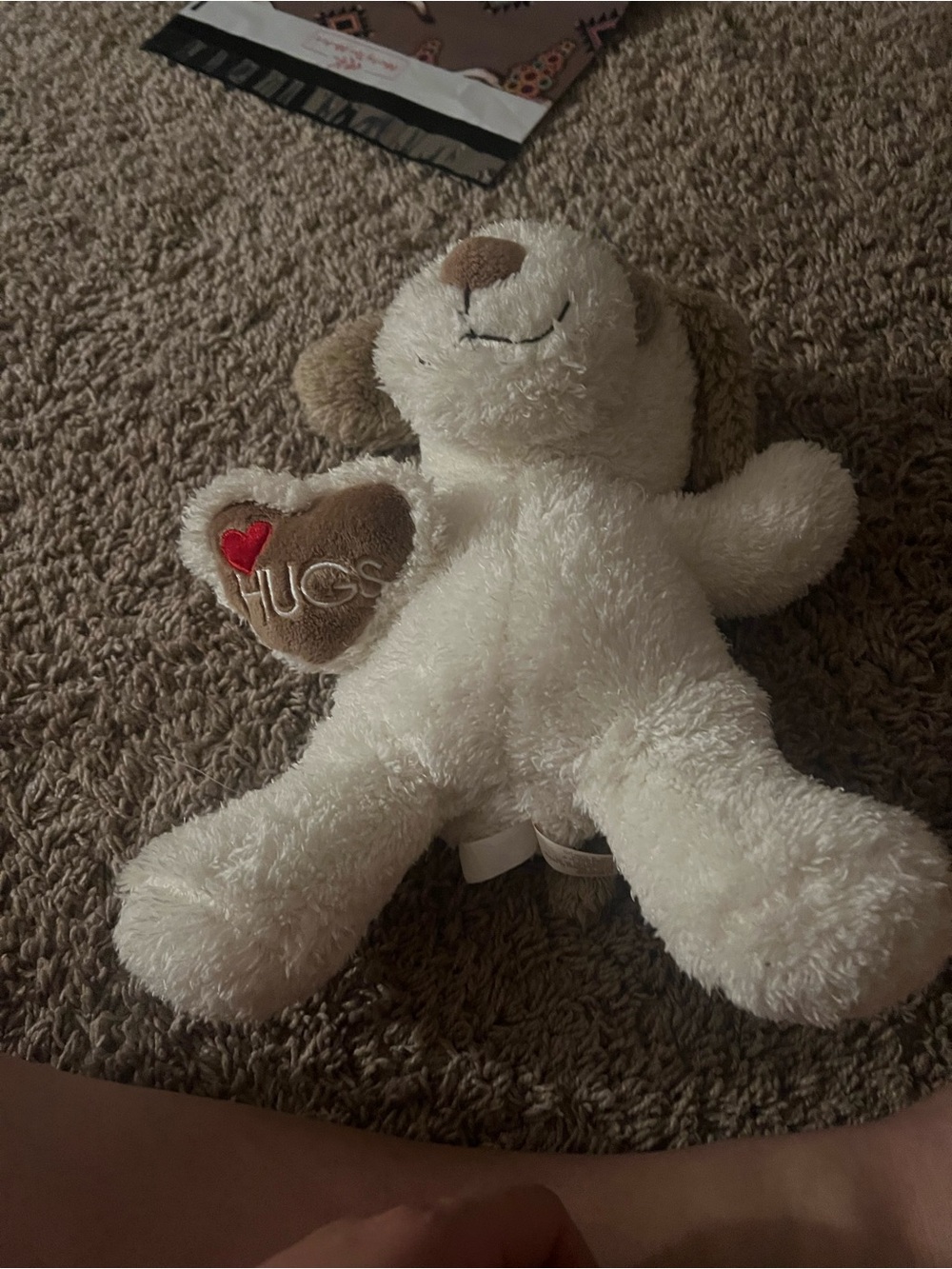 Plush White Bear Holding 'Hugs' Heart